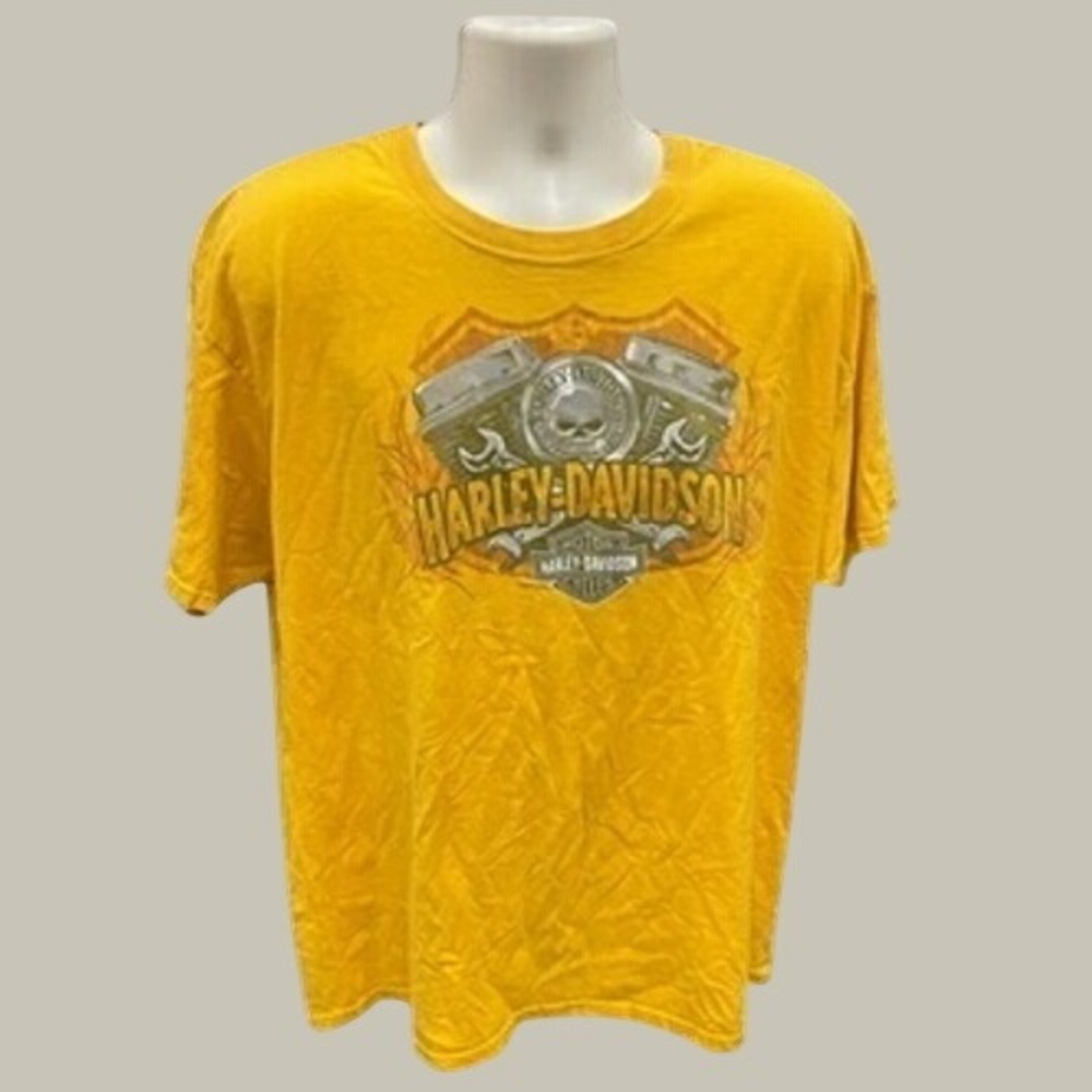 Vintage Harley-Davidson Men Yellow Hannum's Sellersville PA Skull Engine T-Shirt